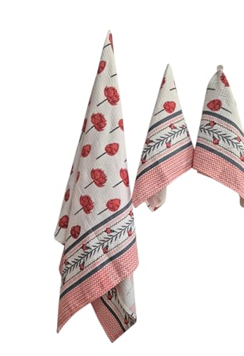 Image of Waffle Cotton Bath & Hand Towel, Hand Block Printed Towel for Bathroom, Quick Drying Towel for Men & Women, Eco Friendly Towel Daily use Towel Pack of 3 Pcs