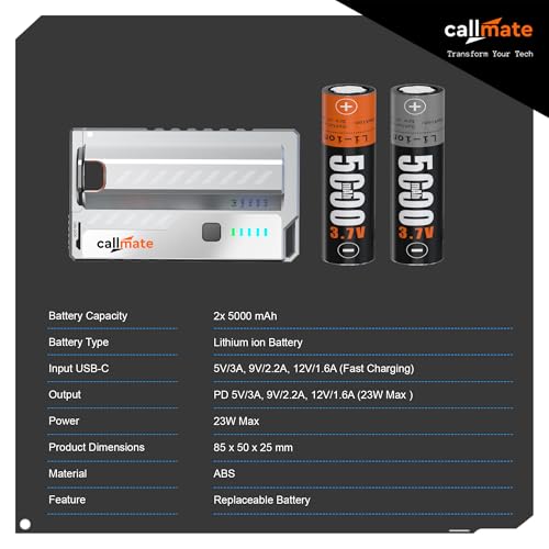 Image of callmate Shotgun 23W PD Fast Charging 10000mAh Power Bank with USB-C PD Output, Lightweight & Portable, Replaceable Cells with 2X 5000mAh for Smartphone (Lithium-Ion, 2X 5000mAh), White