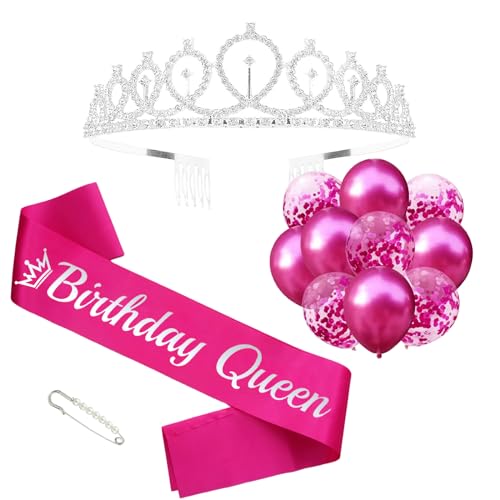 Birthday Queen Sash and Rhinestone Tiara Kit, Silver Letter Hot Pink Birthday Sash with Balloons Crystal Silver Tiara Crown for Women Birthday Gift Ideas Party Decorations