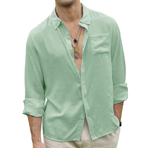 Ctu Men's Fashion Summer Casual Button Down Shirt Long Sleeve Solid Color Holiday Beach Shirts Lightgreen #TOP2