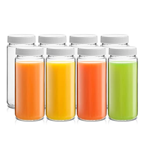JoyJolt 16 oz Reusable Glass Bottles with Caps. Set of 8 Juicing Bottles With Lids and Juice Jars Labels. Glasses for Cold Brew, Smoothie by JoyJolt - Used condition - US$16.74
