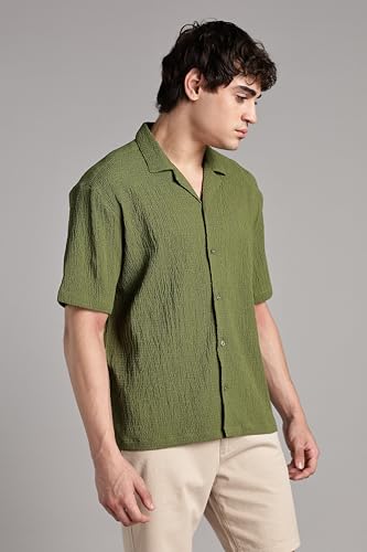 Image of FYLTR Men's Solid Textured Relaxed Fit Shirt - Half Sleeves | Cuban Collar | Comfortable Fit | Summer Shirts