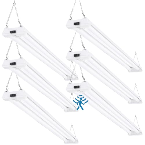 Sunco Lighting Motion Sensor 4ft LED Shop Light, Garage Lights Ceiling LED Plug in Fixtures, 40W, 5000K Daylight, Frosted, Motion Activated, Linkable Suspension Mount, ETL, 6 Pack