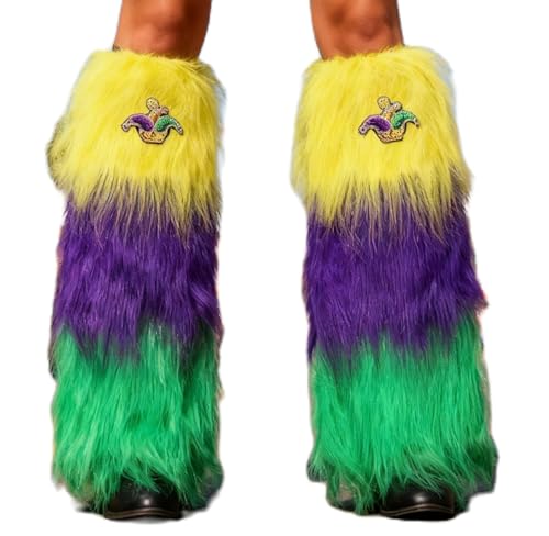 ROAONOCOMO Mardi Gras Fur Leg Warmers Sequined Emblem Fluffy Boots Covers Leggings Festive Fur Fuzzy Leg Warmers