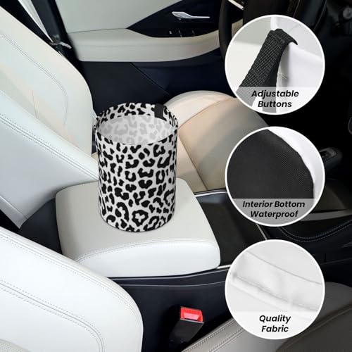 Image of Small Car Trash Can, Black and White Leopard Design Hanging Foldable Car Trash Bag, Waterproof Leakproof Garbage Bin, Car Interior Organizer Accessories