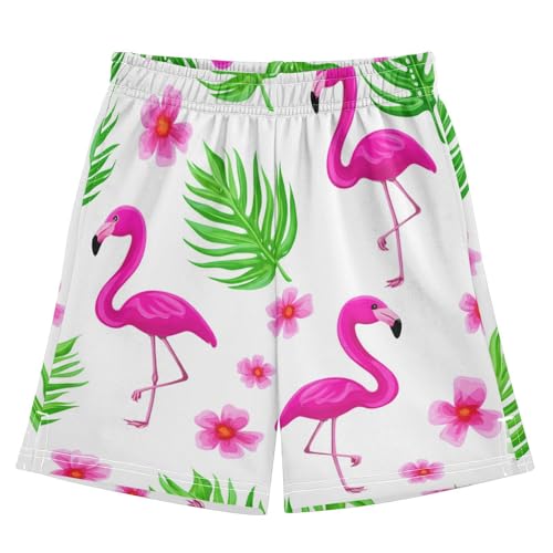 J JOYSAY Flamingo Flower Palm Boys Athletic Shorts Kids Youth Casual Shotrs with Pockets Elastic Waistband