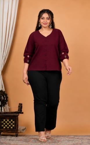Image of Akiko Women's Plus Size Cotton Slub Fabric Top V-Neckline Embroidered Sleeves