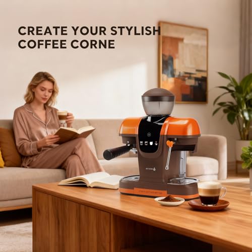 Semi-Automatic Espresso Machine with Grinder, 20 Bar Professional Coffee Maker with Milk Frother, Latte & Cappuccino, Compact for Home Use, Orange - Image 3