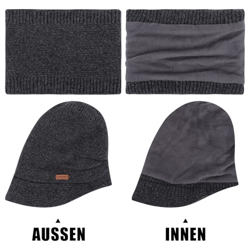 Fjquamitix Winter Mütze Damen mit Schal Set, Strickmütze für Damen mit Visier und Weichem Innenfutter, Warme Herbst Mütze und Schal Kombinationsset