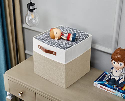 Image of DECOMOMO Fabric Cube Storage Bins - Storage Baskets for Shelves, Cube Storage Organizer for Kallax and Cubbies (Beige & White, 11 inch Cube) - 4 Pack