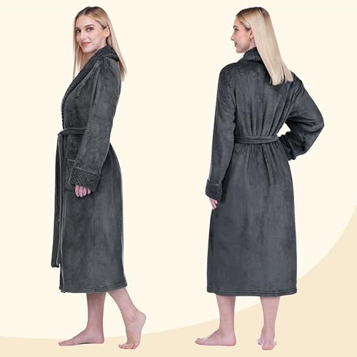 Image of PAVILIA Women's Plush Fleece Robe, Soft Cozy Long Bathrobe with Satin Waffle Trim, Warm Lightweight, Pockets & Tie Belt