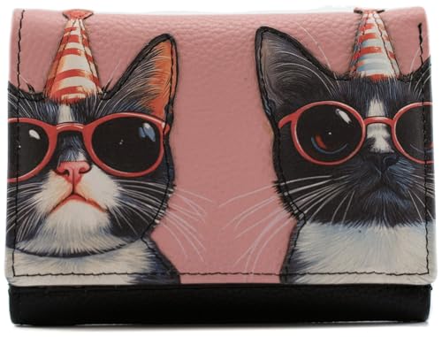Portefeuille en cuir véritable Mala Leather Cool Cats Noir trois volets