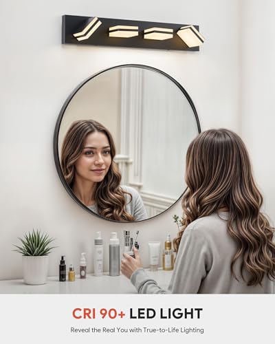 Image of VONLUCE Bathroom Vanity Light Fixture, 4-Light Modern LED Vanity Light, 3CCT Adjustable Bathroom Lights with Memory Function Rotatable Shades, 26 inch Wall Lighting Fixture Over Mirror, Matte Black