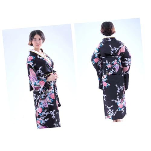 Kimono japonés de bata tradicional para mujer negro imitación seda portátil COLLBATH 4
