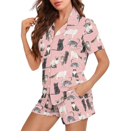 Image of Pjs Womens Short Sleeve Button Down Pajamas Set Two-Piece Nightwear with Pockets