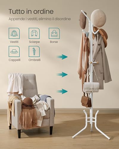 SONGMICS Appendiabiti da Terra, Attaccapanni Autoportante in Metallo, Altezza 178 cm, 12 Ganci, per Vestiti, Cappelli, Borse, Bianco Perla RCR017W01 - Immagine 2