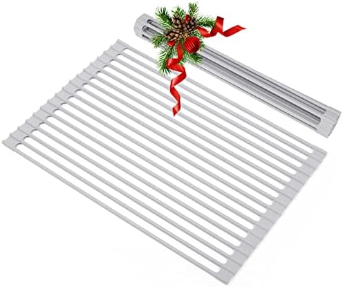 Roll Up Dish Drying Rack, ABQ Over Sink Dish Drying Rack, Foldable All Silicone Coated Rolling Sink Rack Mat Stainless Steel Dish Drainer for Kitchen (17.5''x13'')