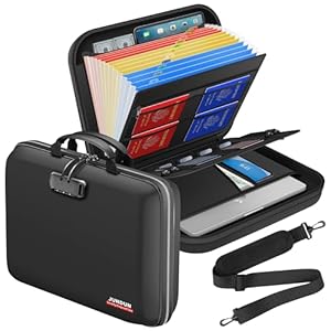 JUNDUN Fireproof Document Box with Lock & Shoulder Strap,Hard Shell Case Document Organizer with 13 Pockets Accordion File Organizer,Portable Home Office Travel Safe Storage for Files Laptop and More