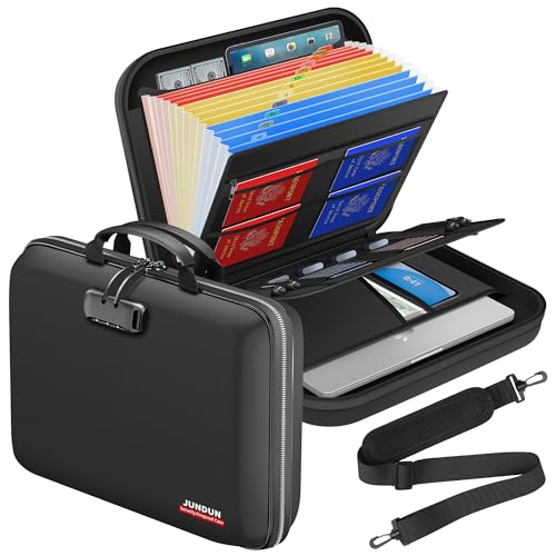 JUNDUN Feuerfeste Dokumentenbox mit Schloss & Trageriemen Hartschalen-Aktentasche mit 13 Fächern Aktenordner Tragbarer Safe für Dokumente Laptop für Home Office & Reise