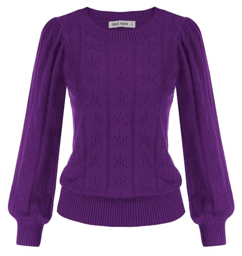 Image of GRACE KARIN Fall Sweaters for Women 2026 Puff Long Sleeve Crewneck Dressy Casual Tops Crochet Hollow Out Cute Pullover Blouse