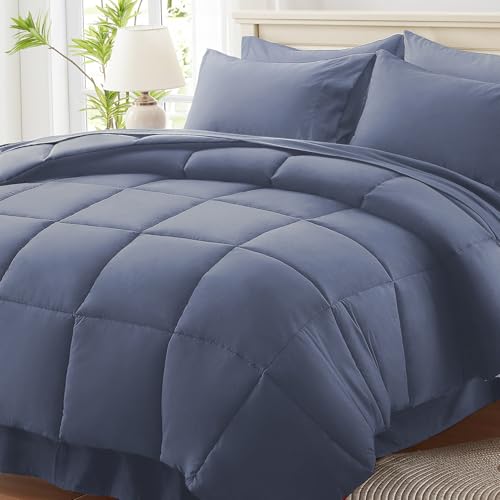 Anluoer California King Size Bed in a Bag 7 Pieces,Grayish Blue Cal King Comforter Set with Sheets,All Season Bedding Sets with Comforter,Pillow Shams,Pillowcases,Flat Sheet,Fitted Sheet