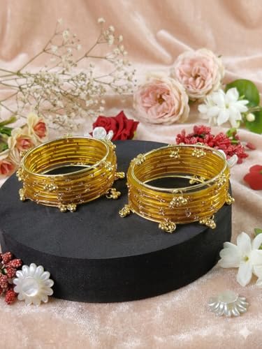 Image of NMII Viral Multi Colour Glass Bangles with Golden Ghungroo Charms & Stone Work For Women & Girls | Fancy Designer Glass Bangle | Traditional Chudi | Kanch Ki Churi | Stylish Ghungroo Bangle For Women