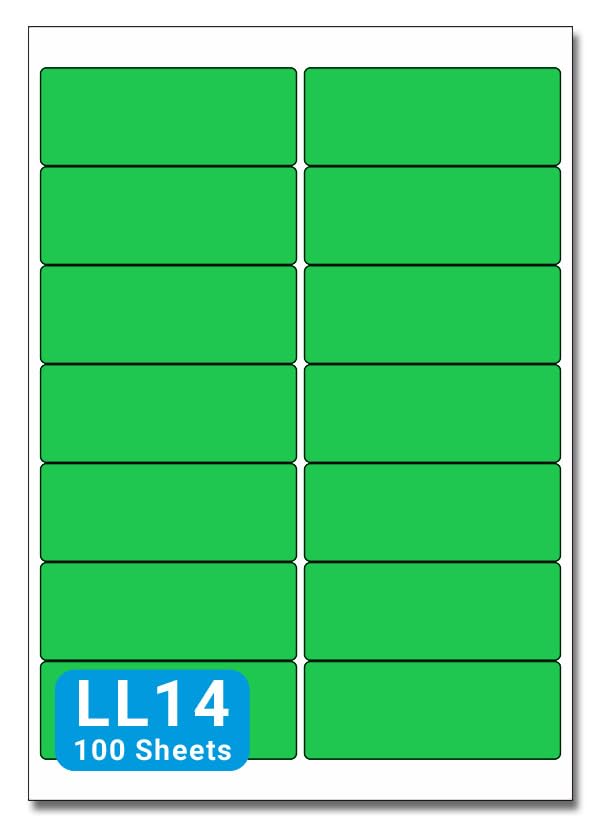 Green A4 Labels - 99mm x 38mm 14 to View - LL14-100 Sheets per Box (1400 Self Adhesive Permanent Labels) - Part Number Customark-LL14-G
