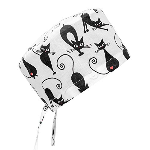 Women's Scrub Cap Hat Unisex Animal Print Uniform (Black Cats)
