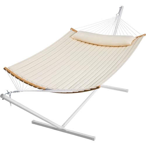 SUPERJARE Hammock with Stand, 2 Person Heavy Duty Hammock with Padded Cotton, Detachable Pillow & Strong Curved-Bar & Portable Carrying Bag, Perfect for Outdoor & Indoor, Beige by SUPERJARE - Used condition - US$110.24