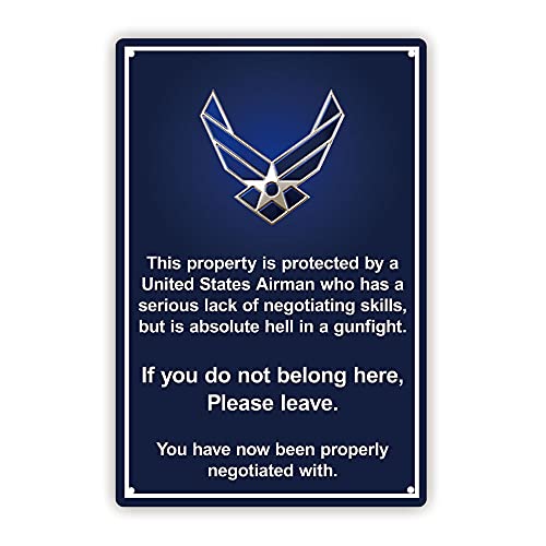 Property Protected by US Marine/Army/Navy/Airforce/Veteran, lustiges Blechschild, 20,3 x 30,5 cm, Marineblau Cover