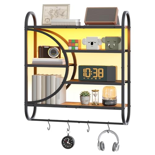 Image of HOOBRO Gaming Floating Shelf with LED Lights, 28.9 inch LED Wall Mounted Shelf, 5-Tier Display Rack for Wall Storage, Floating Rack with Hanging Rod and 4 S-Hooks, Rustic Brown and Black BF50DBJ01