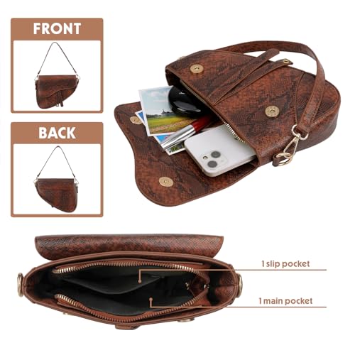 HDE Womens Saddle Shaped Convertible Shoulder Bag Trendy PU Leather Clutch Satchel Crossbody Purse Small Crocodile Handbag - Brown Snakeskin by HDE - Image 3
