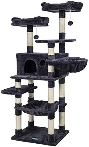 Hey-brother Multi-Level Cat Tree Condo for Large Cats, Cat Tower with Scratching Board, Padded Plush Perch and Cozy Basket Smoky Gray MPJ0025G