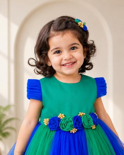 Image of Stanwells Kids Baby Girl Peacock Blue Net Frock Birthday Kids Dress for Girls Short Sleeve Flared Knee Length 6Months-8 Yeras