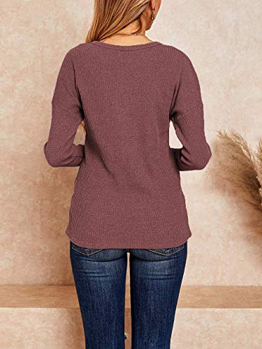 Womens Waffle Knit Tunic Tops Long Sleeve Button Up V Neck Henley Shirts Red L