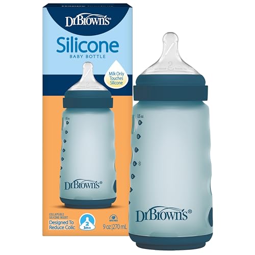 Dr. Brown's Silicone Baby Bottle with Collapsible Insert Designed to Reduce Colic, 9 oz with Wide-Neck Level 2 Medium Flow Nipple, BPA-Free, 3m+, Blue, 1-Pack