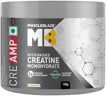 MuscleBlaze Micronised Creatine Monohydrate CreAMP Powder, Unflavoured (32 Servings, 100g) | Trustified Certified Creatine