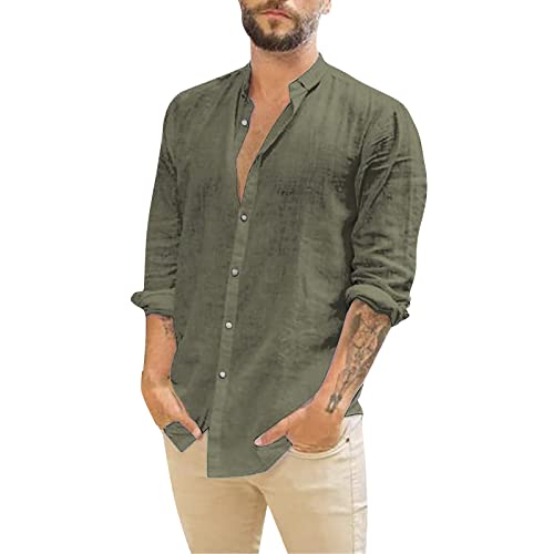 Camisa de Algodón y Lino para Hombre Camisas de Manga Larga Casual Verano Camisa Color Sólido con Botones Camisas Ajuste Regular Ropa de Playa Vacaciones Trabajo (03-Green, M)