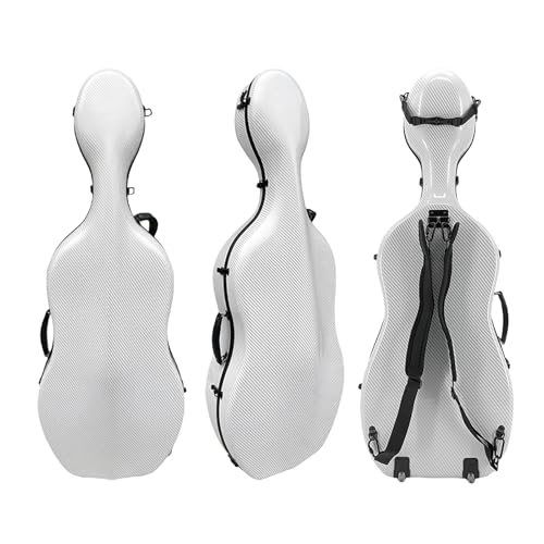 Vetimobato Carbon Fiber Cello Case 4/4 Full Size - Heavy-Duty Hard Shell with Bow Storage & Accessory Pockets | Fits Full Size Cello Protection for Musical Instrument Cases (White)