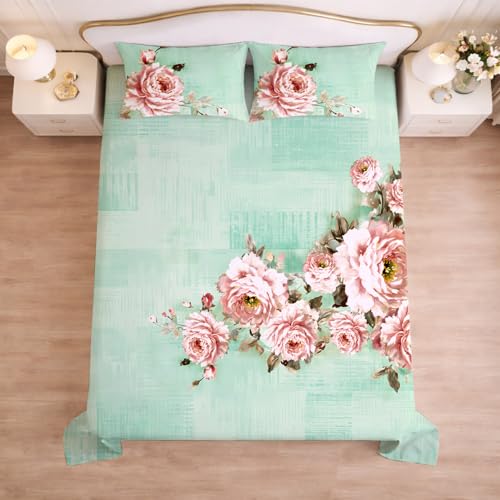 Image of Cloth Fusion Glace Cotton Super King Size Flat Bedsheet 108 x 108 Inch with 2 Pillow Covers (Rose Lagoon)