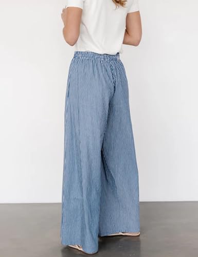 Womens Casual Striped Pants Drawstring Waist High Rise Extra Wide Palazzo Pants with Pockets2