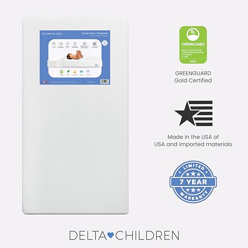 Image of Delta Children Twinkle Stars Crib and Toddler Mattress with Breathable, Removable Machine-Washable Cover - GREENGUARD Gold - Waterproof Baby Bed - Sustainably Sourced Fiber Core - 52 inchLx27.5 inchW, White