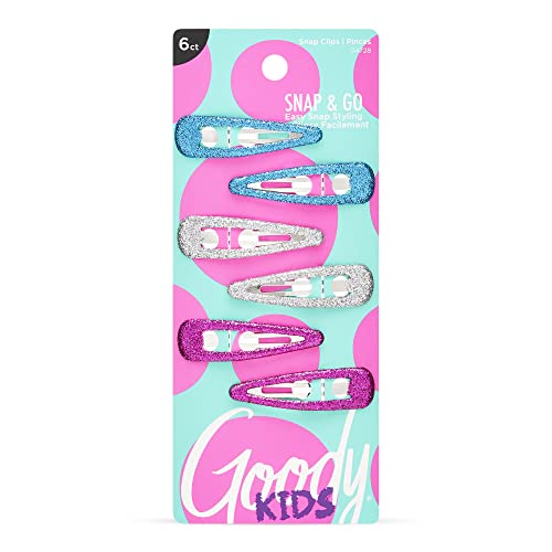 Goody Kids Snap & Go Contour Clips - 6 Count, Glitter - Snap Clips - Suitable for All Hair Types - Pain-Free Hair Accessories for Girls and Boys - All Day Comfort