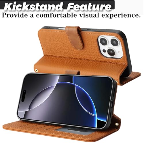 Coque iPhone 16 Pro Max etui portefeuille cuir véritable marron housse protection magnetique - 7