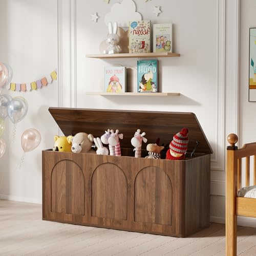 PHOYAL Storage Chest, 43\'\' Wood Storage Trunk with Flip-Top, Farmhouse Wooden Shoe Storage Bench for Hallway, Bedroom, Living Room, Walnut