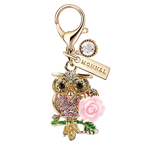 Monnel Mc240 Crystal Pink Little Owl With Rose Lobster Clasp Charm Pendant With Velvet Bag (1 Piece) #TOP16