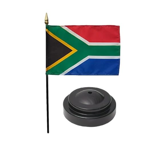 South Africa Desk Flag with Base; American Made Rayon 4x6 inch Miniature Table Set Includes One Small Mini Country Stick Flags and One Black Stand (South Africa Desk Flag and Base)