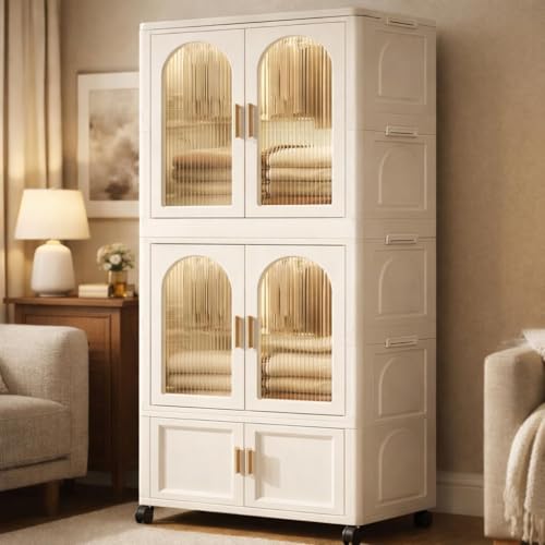 Image of Mevigo 4-Door Plastic Wardrobe for Kids| Almirah and Wardrobe for Baby Clothes| Modular Storage Cabinet with Wheel Organizer for Cupboard Rack for Clothes /Shoes /Books /Toy (White-SJM01060-2, 5-Door)