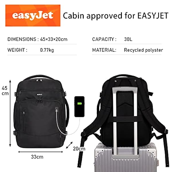 ECOHUB Zaino Bagaglio a Mano Easyjet 45x36x20 Zaino Valigia Viaggio Aereo Sotto il Sedile 13 Tache Zaino da Cabina Porta USB Grande Impermeabile Ecologica in PET Riciclato da 30 Litri Nero