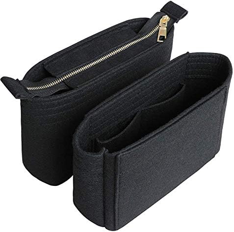 HyFanStr Felt Insert Bag Organizer with Zipper, Small Handbag Purse Organizer Tote Liner Pouch for Women, 2 Pcs Set Black